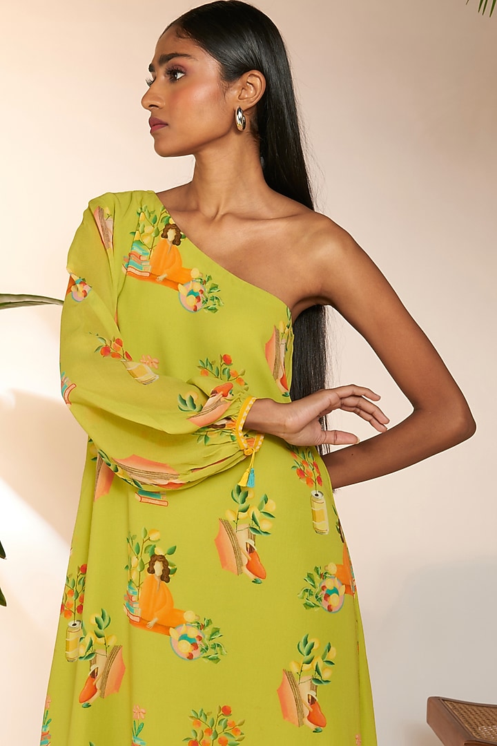 Lime Green Georgette Printed One-Shoulder Mini Summer Dress by Masaba at Pernia's Pop Up Shop