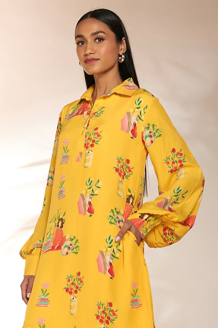 Yellow Crepe Silk Printed Mini Vacation Dress by Masaba at Pernia's Pop Up Shop