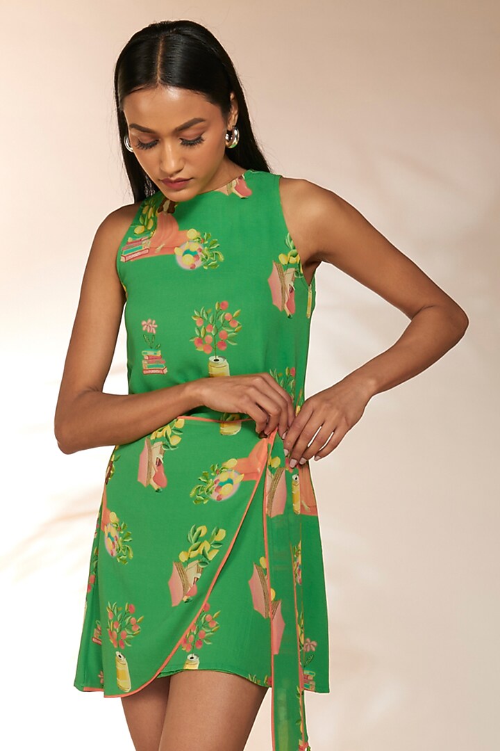 Green Georgette Printed Mini Vacation Dress by Masaba at Pernia's Pop Up Shop