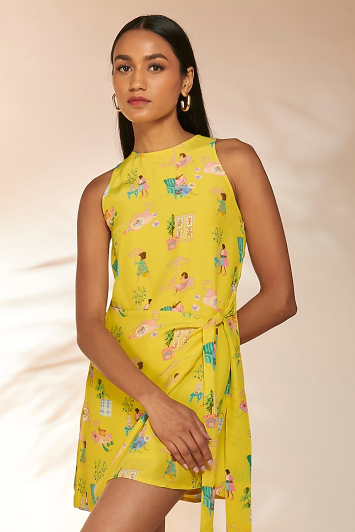 Lemon Yellow Crepe Silk Printed Mini Vacation Dress by Masaba at Pernia's Pop Up Shop