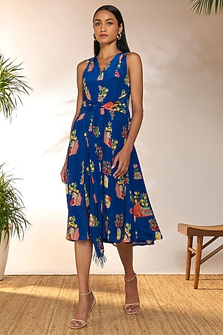 Blue Crepe Silk Embellished & Printed Midi Dress by Masaba