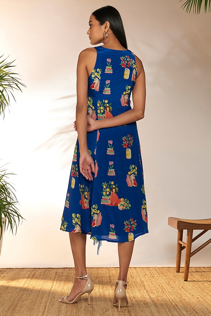 Blue Crepe Silk Embellished & Printed Midi Vacation Dress by Masaba at Pernia's Pop Up Shop