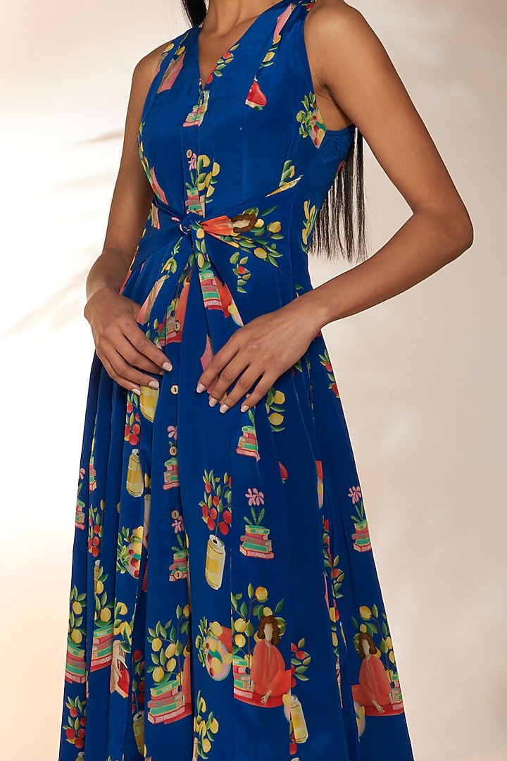Blue Crepe Silk Embellished & Printed Midi Vacation Dress by Masaba at Pernia's Pop Up Shop