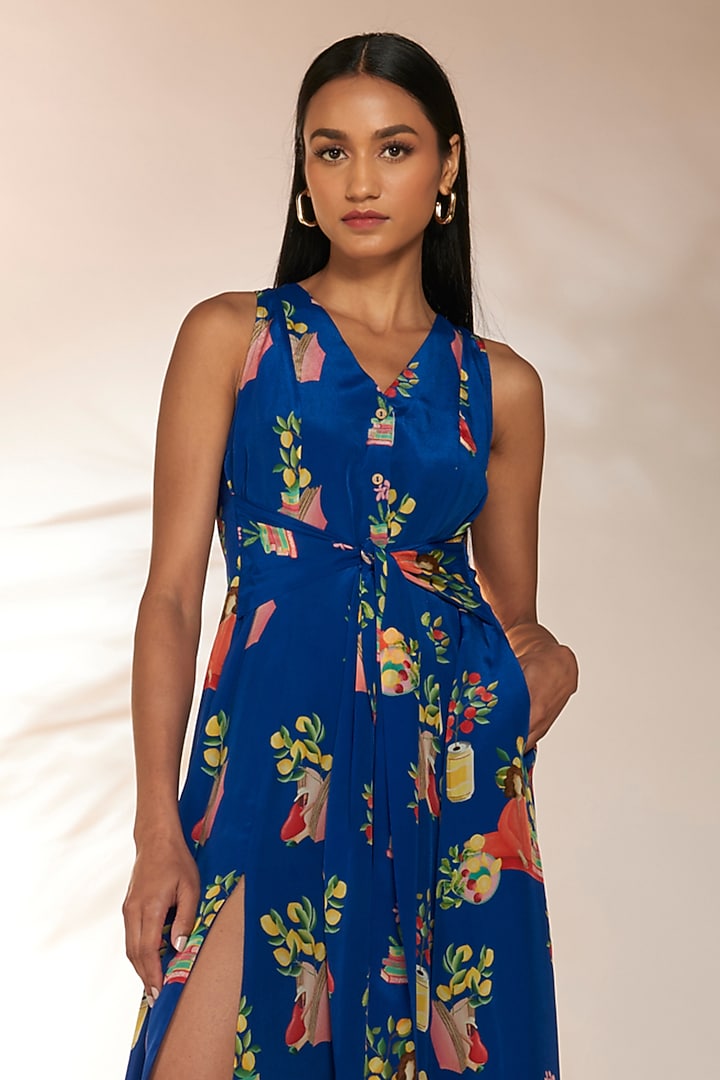 Blue Crepe Silk Embellished & Printed Midi Vacation Dress by Masaba at Pernia's Pop Up Shop