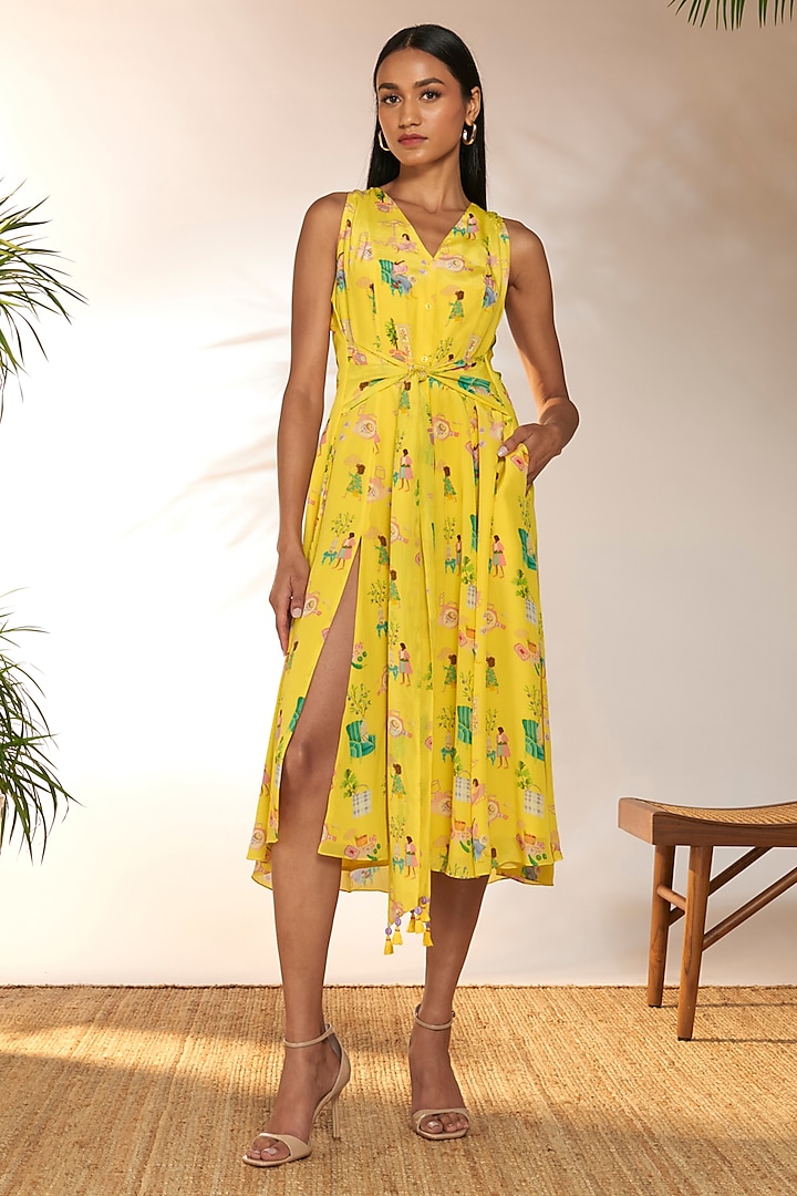 Lemon Yellow Crepe Silk Embellished & Printed Midi Dress by Masaba