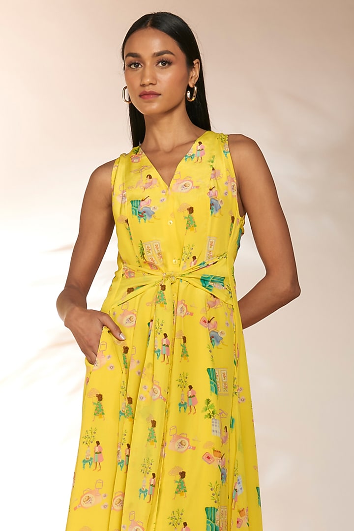 Lemon Yellow Crepe Silk Embellished & Printed Midi Vacation Dress by Masaba at Pernia's Pop Up Shop