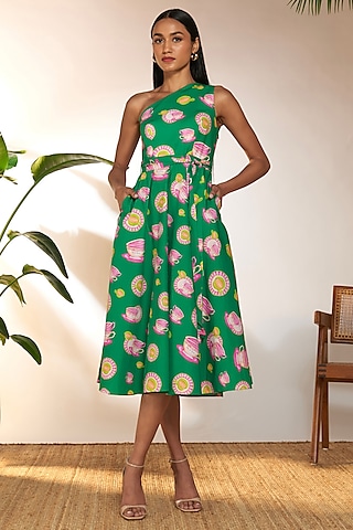 Green Cotton Printed One-Shoulder Midi Dress by Masaba