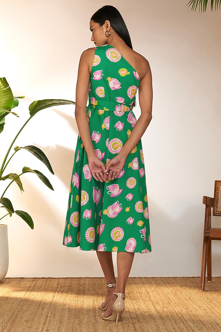 Green Cotton Printed One-Shoulder Midi Vacation Dress by Masaba at Pernia's Pop Up Shop