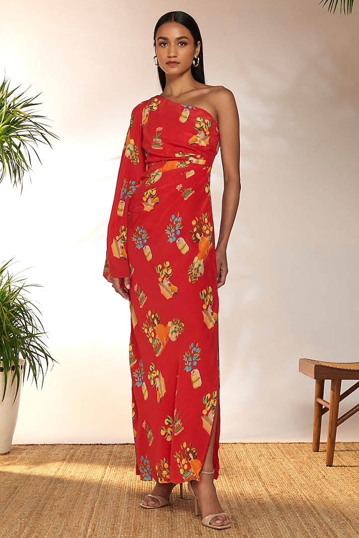Red Crepe Silk Printed One-Shoulder Kaftan Dress by Masaba