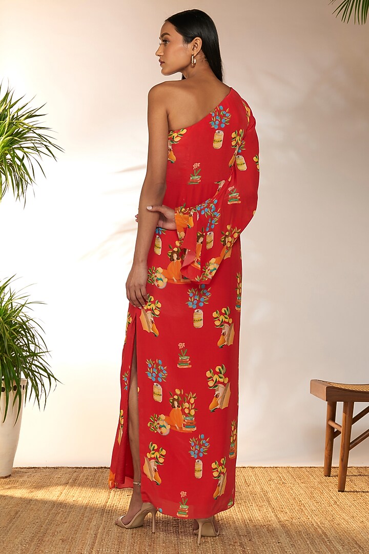 Red Crepe Silk Printed One-Shoulder Kaftan Vacation Dress by Masaba at Pernia's Pop Up Shop