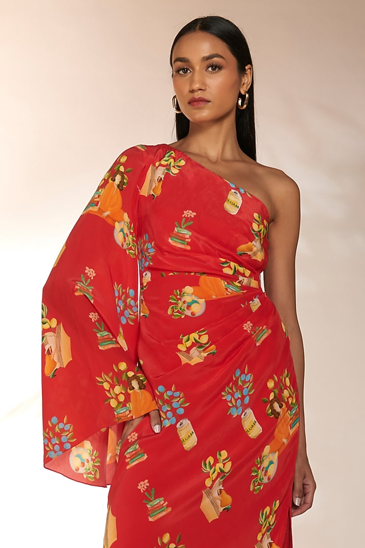 Red Crepe Silk Printed One-Shoulder Kaftan Vacation Dress by Masaba at Pernia's Pop Up Shop