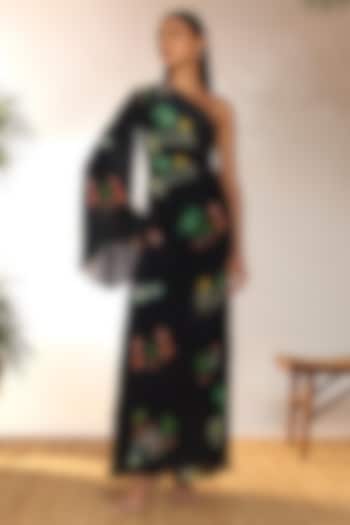 Black Crepe Silk Printed One-Shoulder Maxi Dress by Masaba