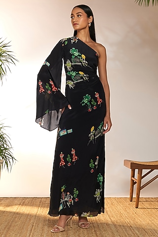 Black Crepe Silk Printed One-Shoulder Maxi Dress by Masaba
