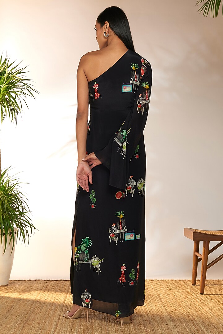Black Crepe Silk Printed One-Shoulder Maxi Vacation Dress by Masaba at Pernia's Pop Up Shop