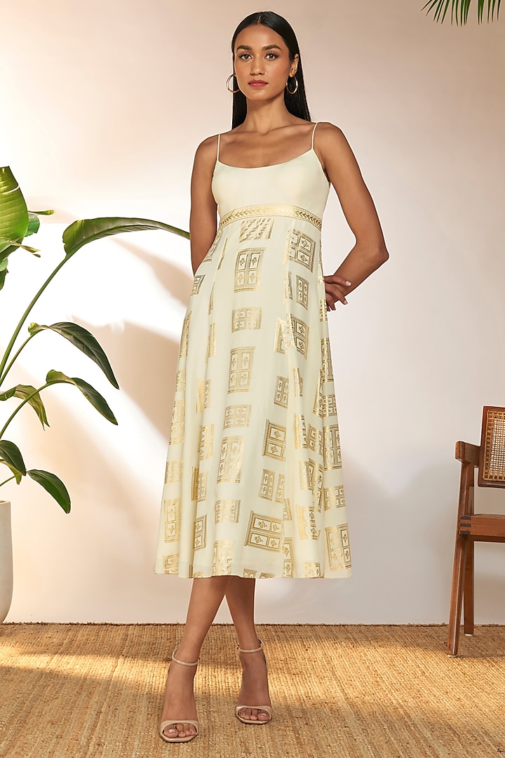 Ivory Crepe Silk Foil Printed Midi Dress by Masaba
