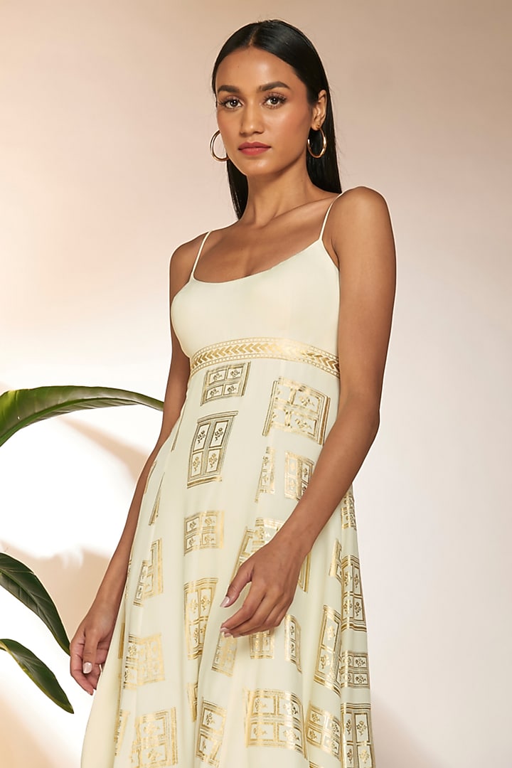 Ivory Crepe Silk Foil Printed Midi Vacation Dress by Masaba at Pernia's Pop Up Shop