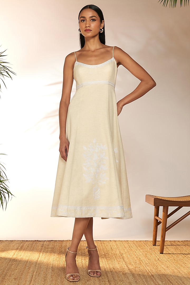 Ivory Cotton Flex Embroidered Midi Dress by Masaba