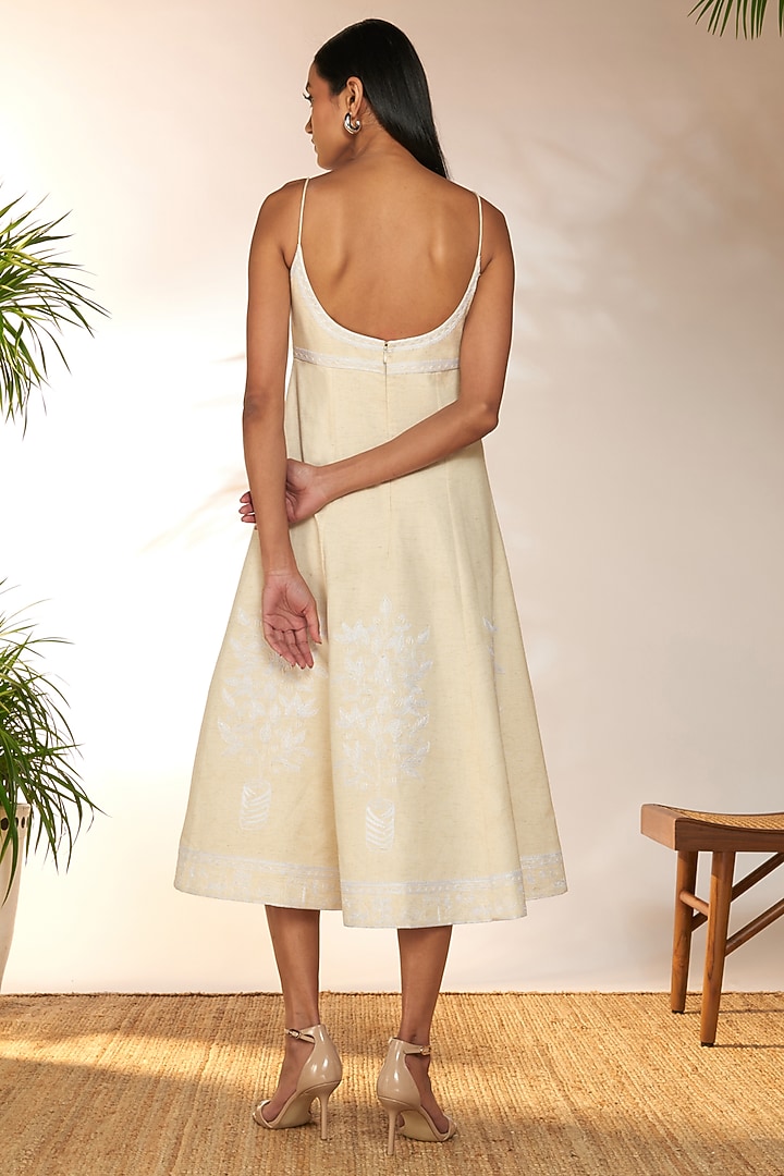 Ivory Cotton Flex Embroidered Midi Cocktail Dress by Masaba at Pernia's Pop Up Shop