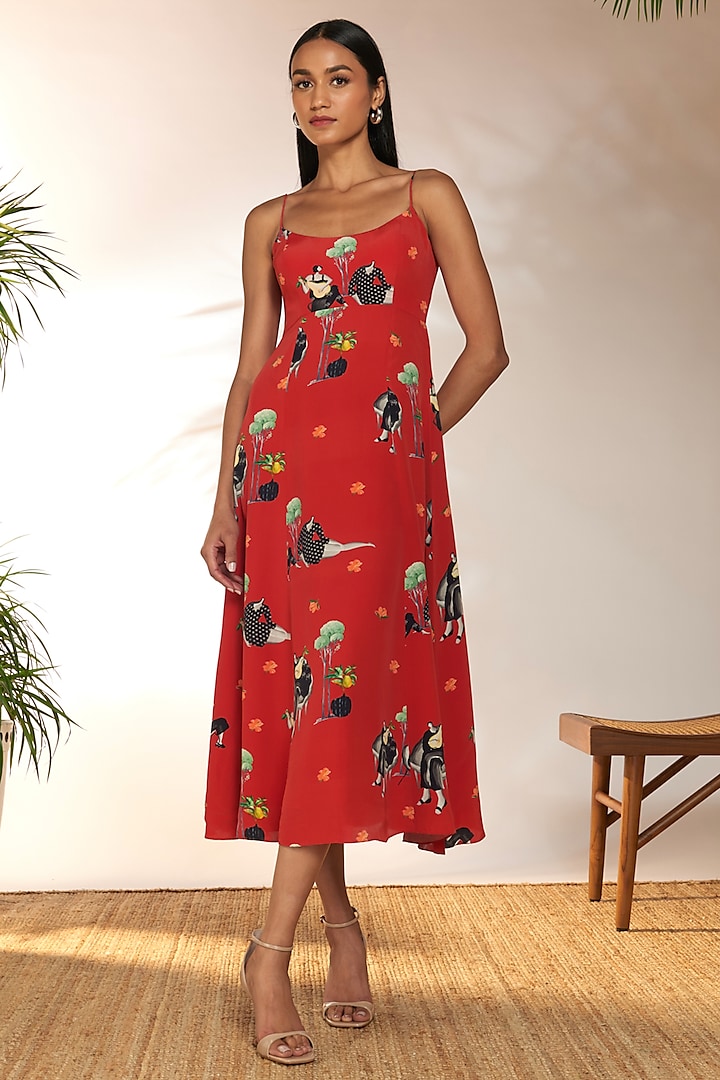 Red Crepe Silk Printed Dress by Masaba