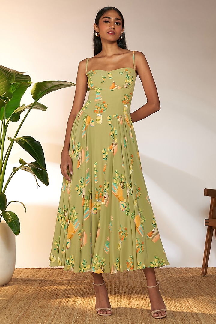 Olive Green Crepe Silk Printed Corset Dress by Masaba