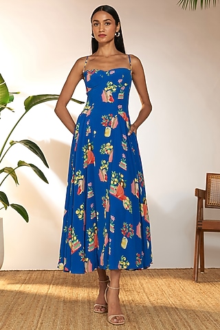 Blue Crepe Silk Printed Corset Dress by Masaba