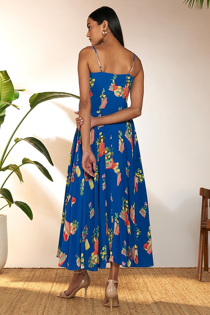 Blue Crepe Silk Printed Corset Vacation Dress by Masaba at Pernia's Pop Up Shop