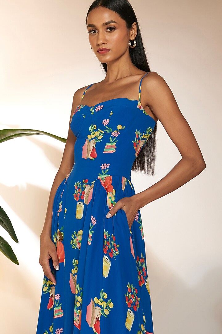 Blue Crepe Silk Printed Corset Vacation Dress by Masaba at Pernia's Pop Up Shop