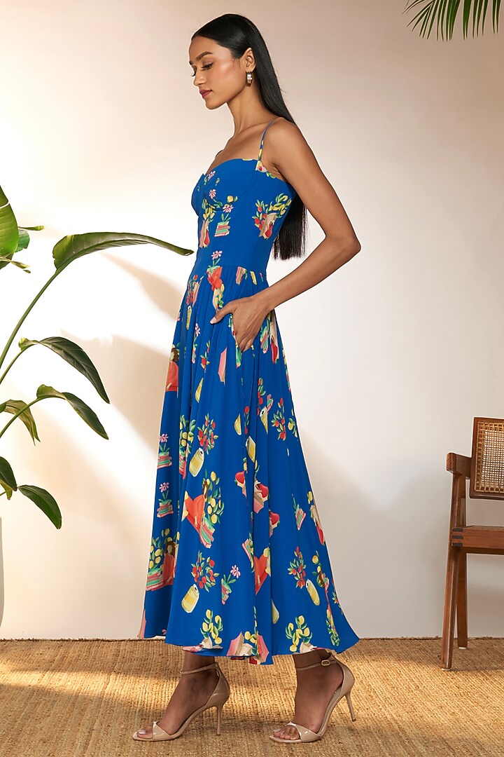 Blue Crepe Silk Printed Corset Vacation Dress by Masaba at Pernia's Pop Up Shop