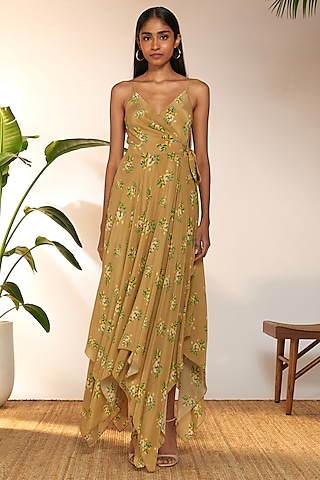 Tan Crepe Silk Printed Handkerchief Dress by Masaba