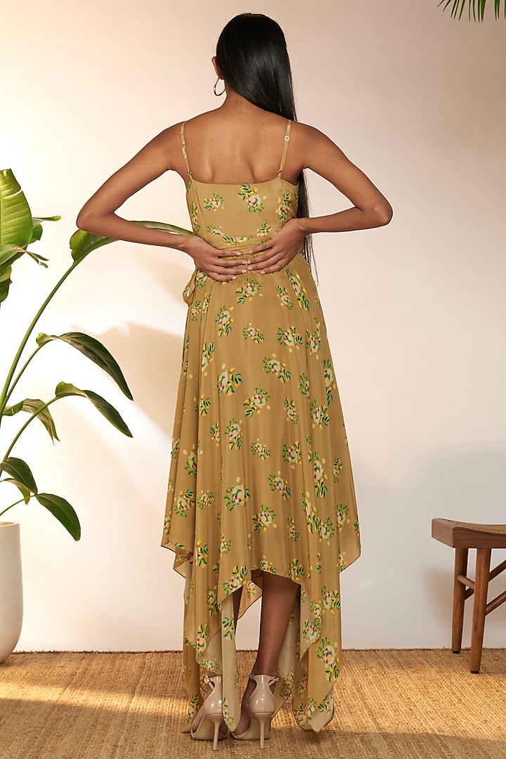 Tan Crepe Silk Printed Handkerchief Vacation Dress by Masaba at Pernia's Pop Up Shop