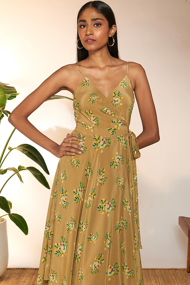 Tan Crepe Silk Printed Handkerchief Vacation Dress by Masaba at Pernia's Pop Up Shop
