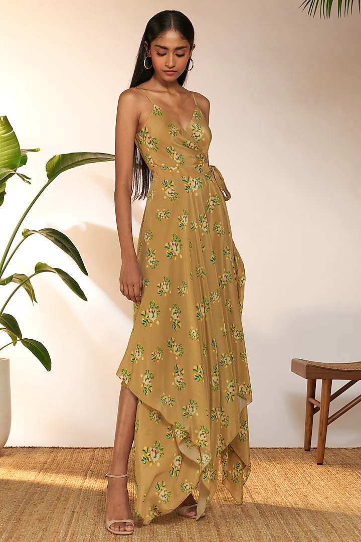 Tan Crepe Silk Printed Handkerchief Vacation Dress by Masaba at Pernia's Pop Up Shop