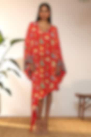 Red Crepe Silk & Viscose Printed Asymmetrical Kaftan by Masaba at Pernia's Pop Up Shop