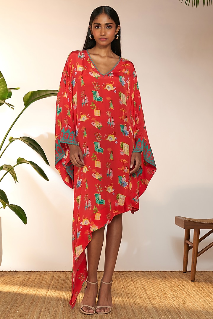 Red Crepe Silk & Viscose Printed Asymmetrical Kaftan by Masaba at Pernia's Pop Up Shop