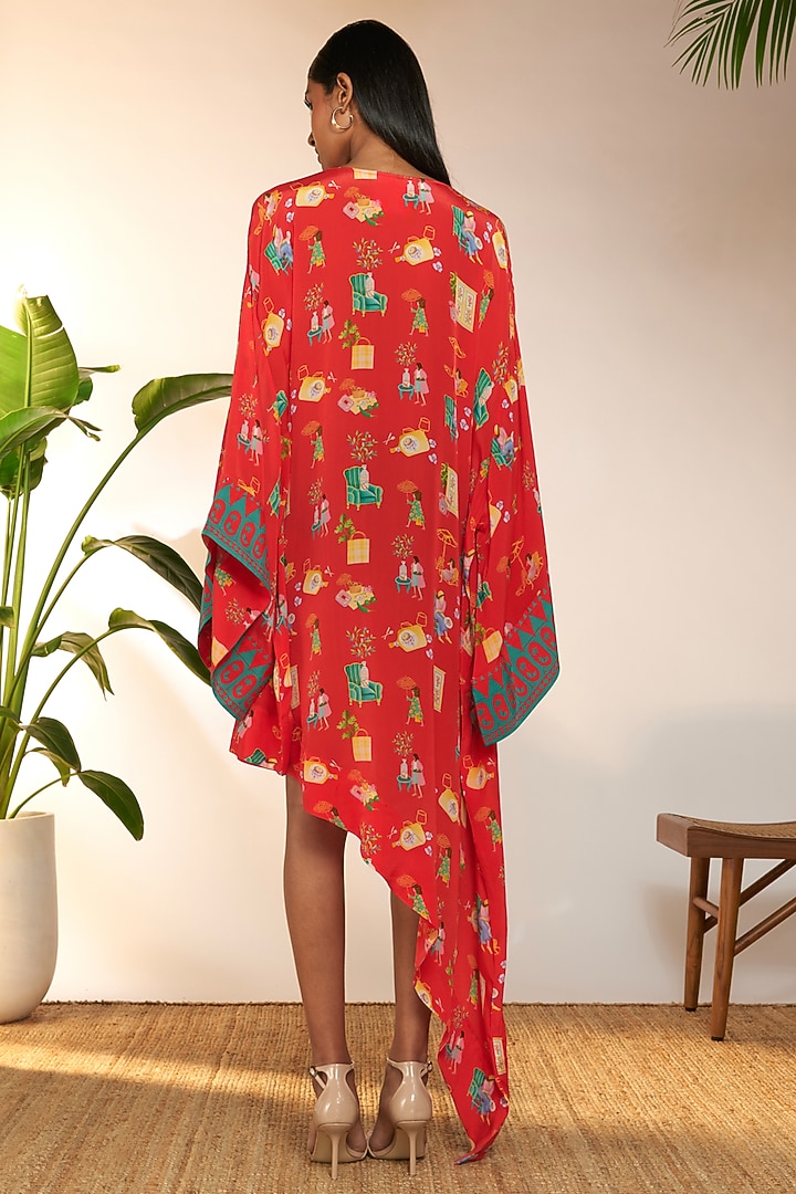 Red Crepe Silk & Viscose Printed Asymmetrical Kaftan by Masaba at Pernia's Pop Up Shop