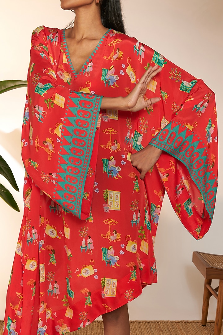 Red Crepe Silk & Viscose Printed Asymmetrical Kaftan by Masaba at Pernia's Pop Up Shop