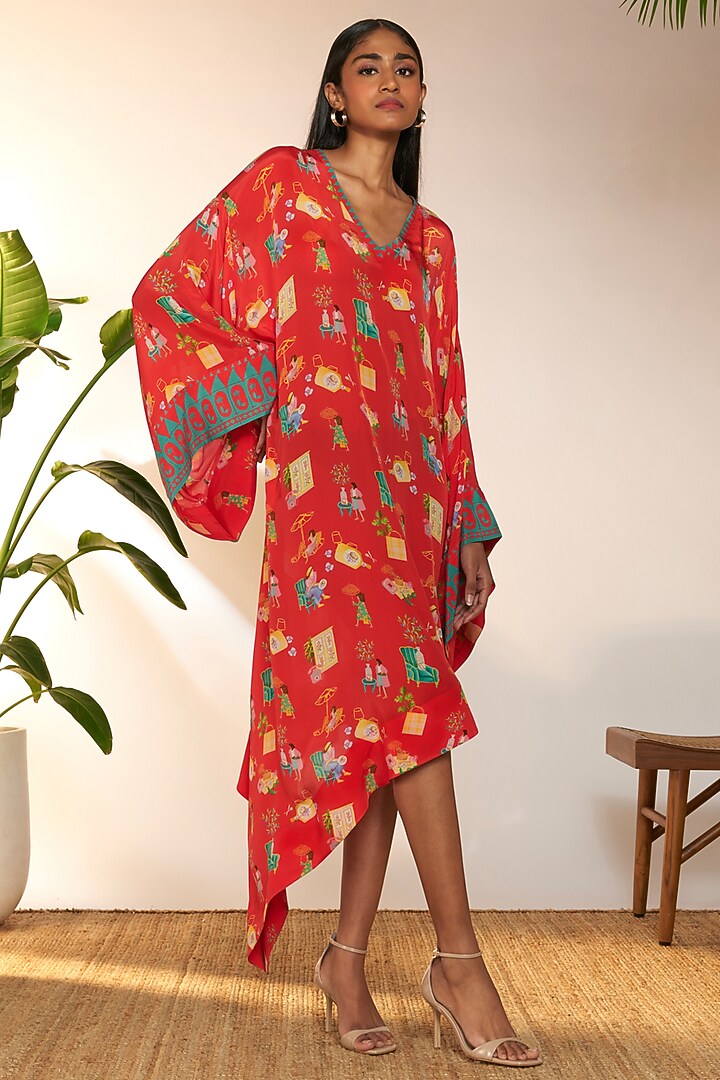 Red Crepe Silk & Viscose Printed Asymmetrical Kaftan by Masaba at Pernia's Pop Up Shop
