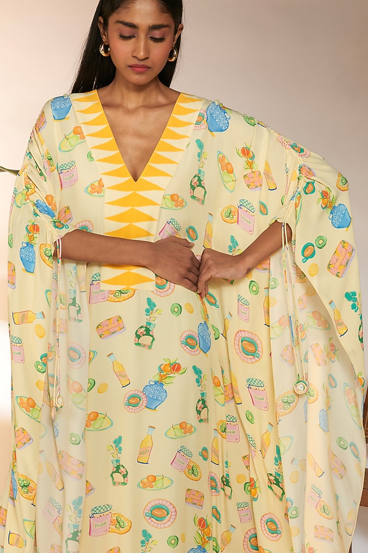 Ivory Crepe Silk & Viscose Printed Ruched Kaftan by Masaba at Pernia's Pop Up Shop