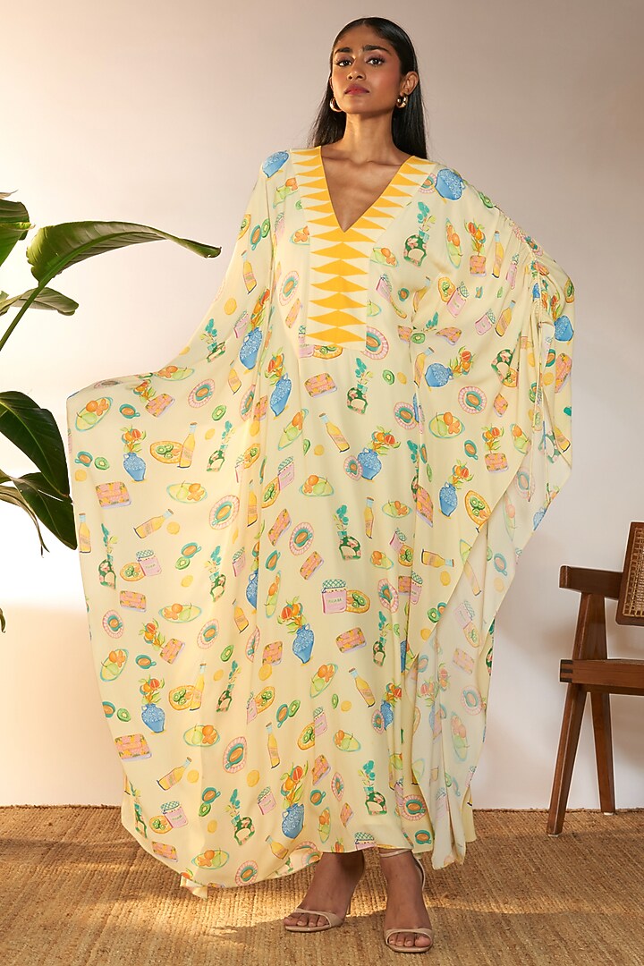Ivory Crepe Silk & Viscose Printed Ruched Kaftan by Masaba at Pernia's Pop Up Shop