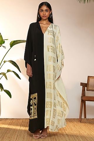 Black & Ivory Crepe Silk Foil Printed Kaftan by Masaba