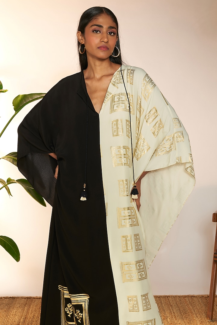 Black & Ivory Crepe Silk Foil Printed Kaftan by Masaba at Pernia's Pop Up Shop