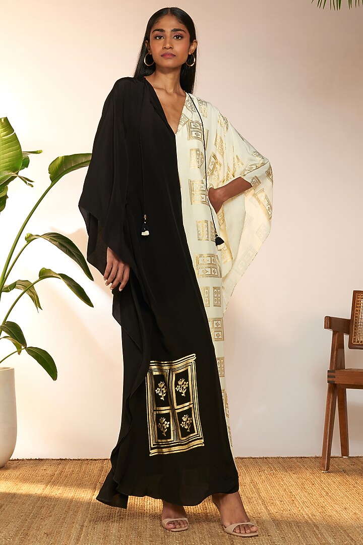 Black & Ivory Crepe Silk Foil Printed Kaftan by Masaba at Pernia's Pop Up Shop