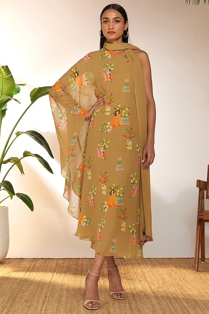 Tan Georgette Printed One-Shoulder Kaftan by Masaba