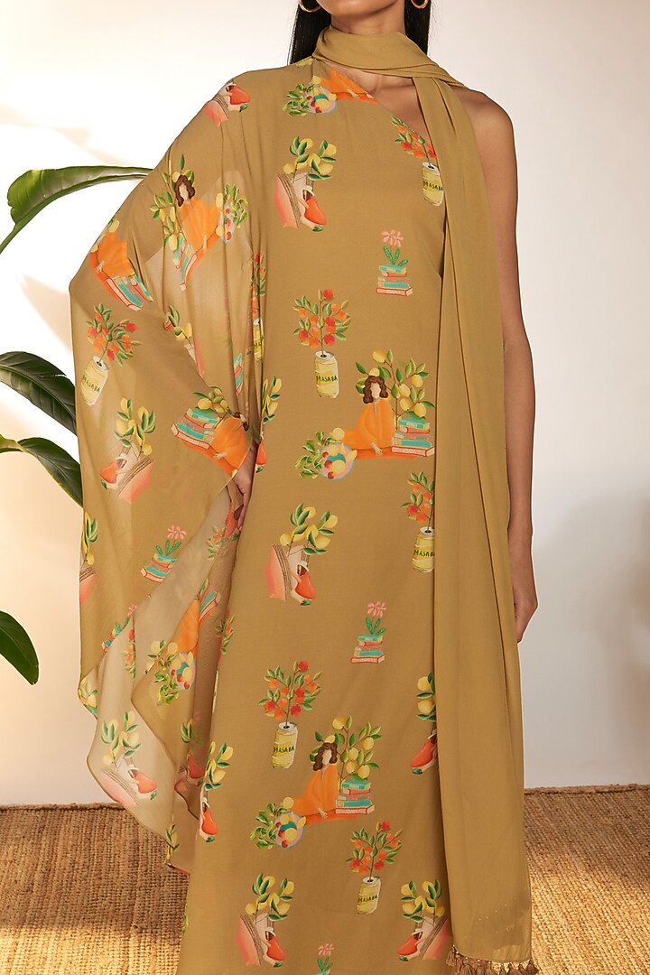 Tan Georgette Printed One-Shoulder Kaftan by Masaba at Pernia's Pop Up Shop