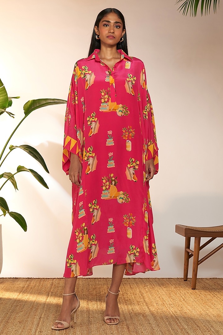 Hot Pink Crepe Silk & Viscose Printed Kaftan by Masaba at Pernia's Pop Up Shop