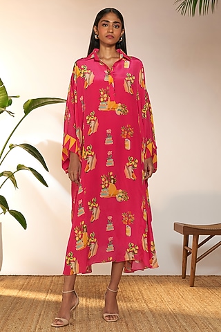 Hot Pink Crepe Silk & Viscose Printed Kaftan by Masaba