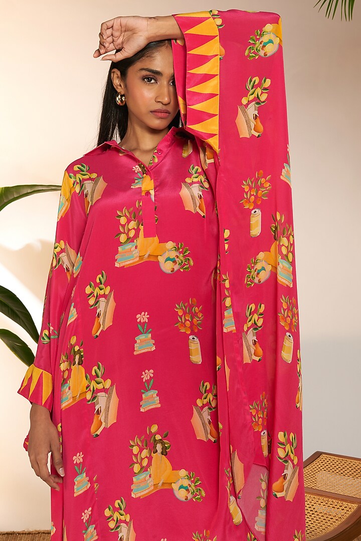 Hot Pink Crepe Silk & Viscose Printed Kaftan by Masaba at Pernia's Pop Up Shop