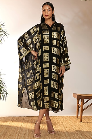 Black Georgette & Viscose Foil Printed Kaftan by Masaba