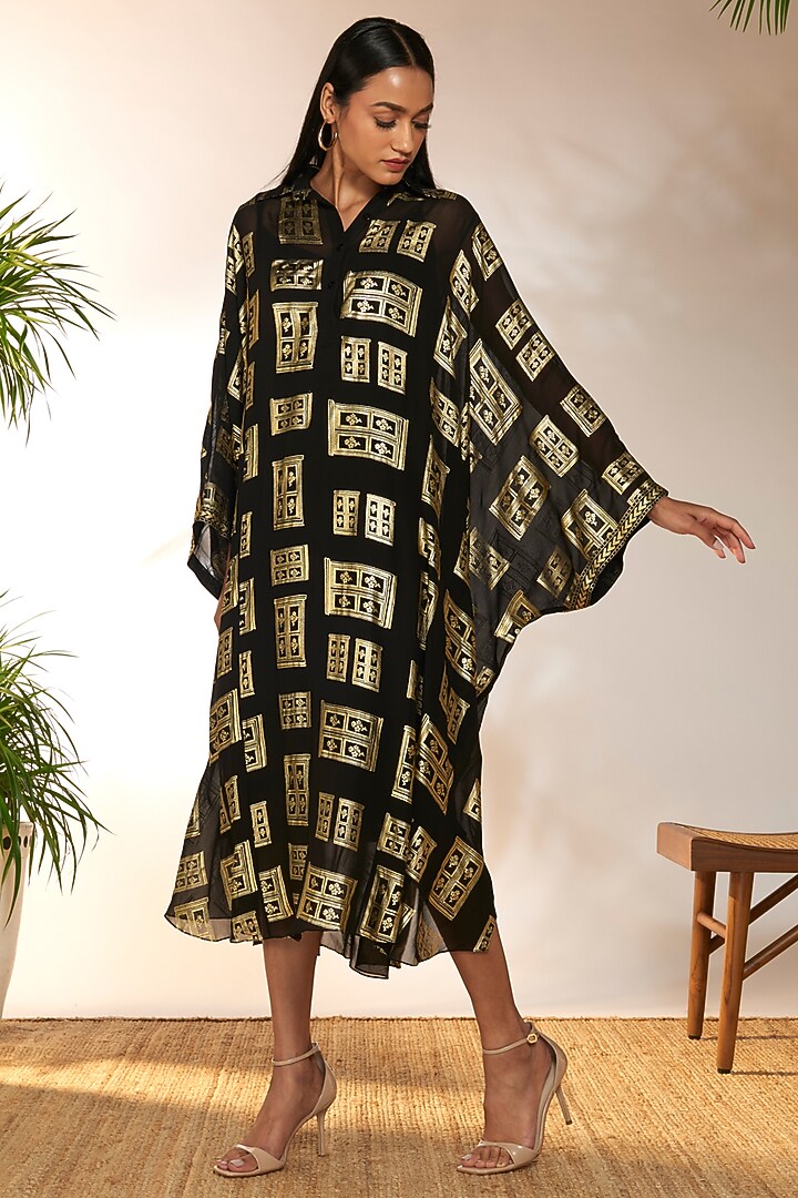 Black Georgette & Viscose Foil Printed Kaftan by Masaba at Pernia's Pop Up Shop