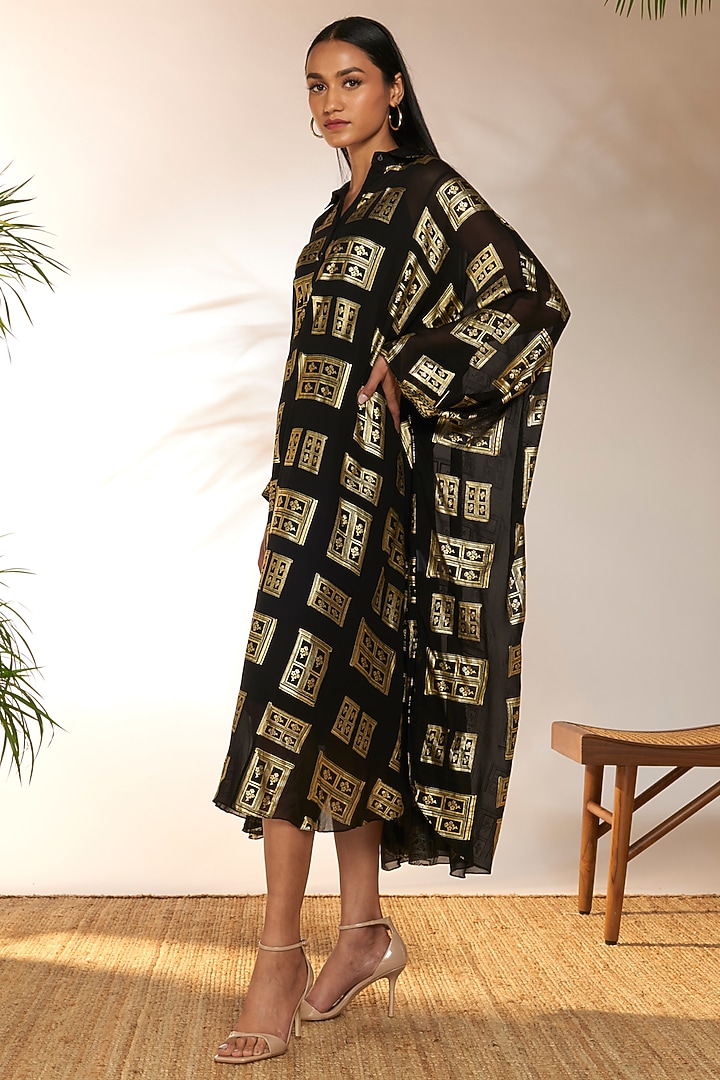Black Georgette & Viscose Foil Printed Kaftan by Masaba at Pernia's Pop Up Shop